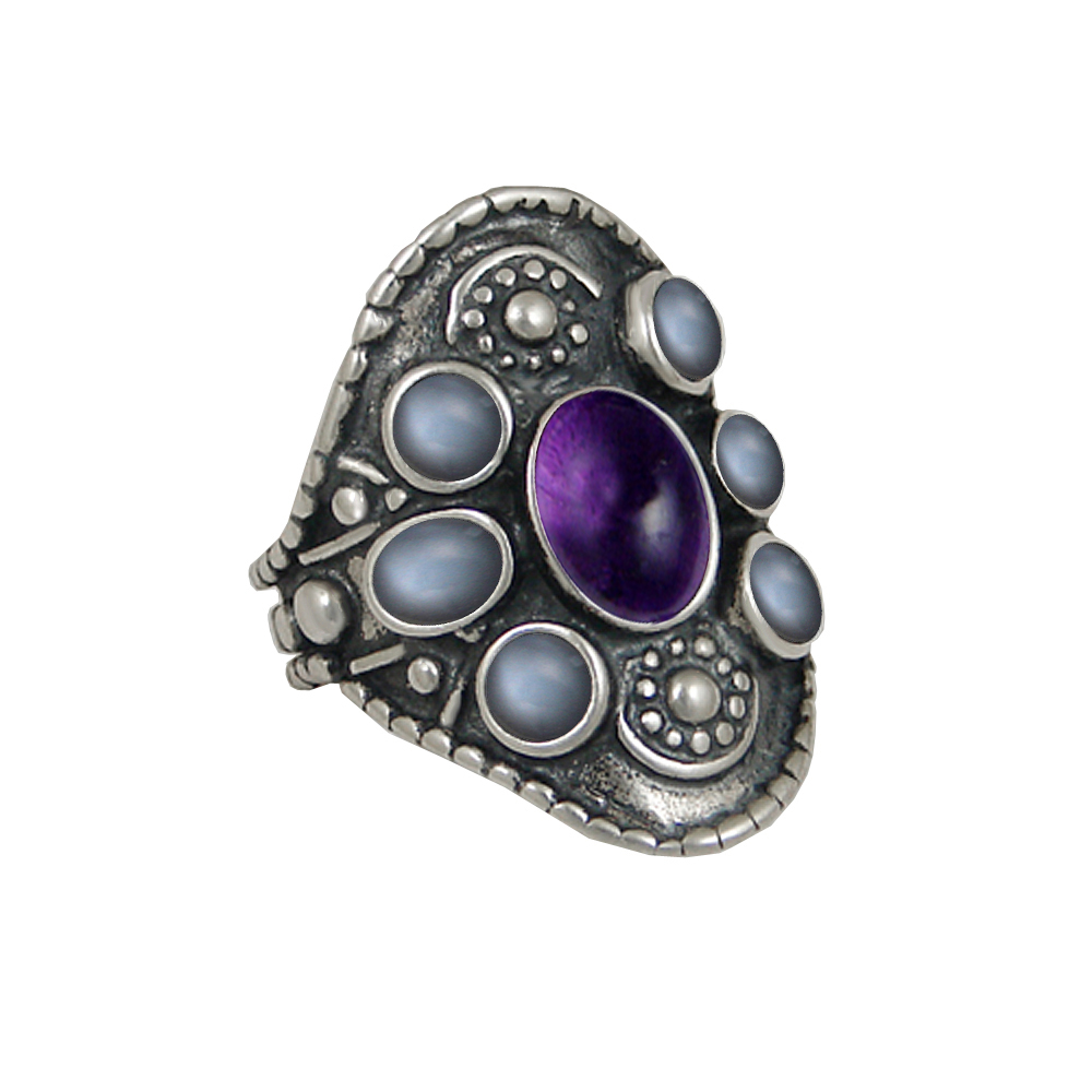 Sterling Silver High Queen's Ring With Amethyst And Grey Moonstone Size 7